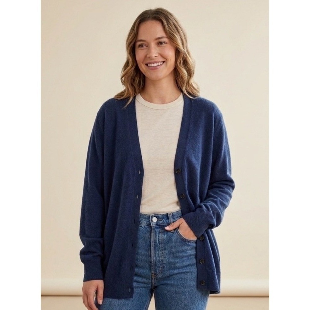 J. Crew Cashmere Blend V Neck Cardigan Navy Knit Sweater Fit M/L Oversized Comfy